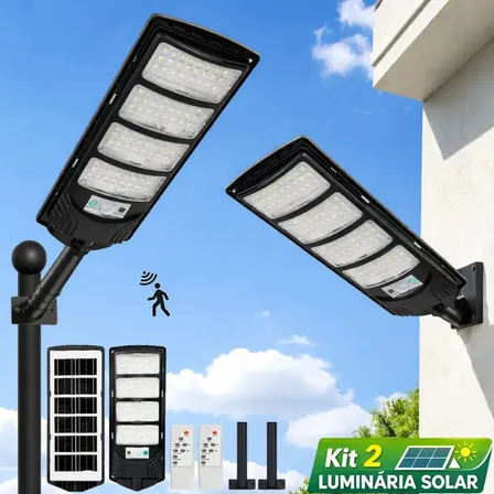Kit 2 Luminaria Solar Externa 700w Potente Com Sensor Ip67 127/220v Preto
