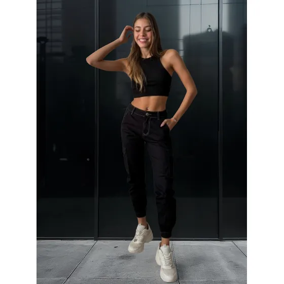Brish Jeans Pantalon Jogger/ Babucha Cargo Negro De Mujer
