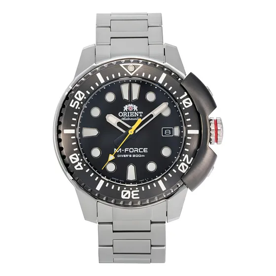 Reloj Orient Mecánico M-force Ra-ac0l01b E-watch Color De La Correa Plateado Color Del Fondo Negro