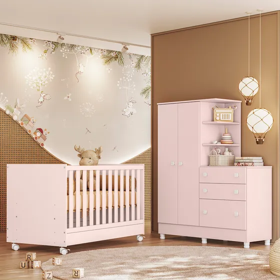 Conjunto Quarto Bebê Doce Sonho Guarda Roupa E Berço Com Colchão Cor Rosa