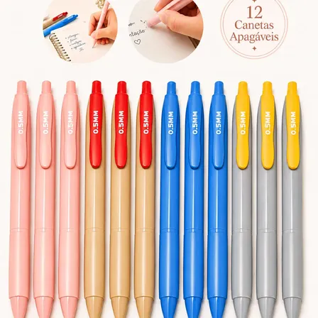 Kit 12 Canetas Apagáveis Gel 0.5mm Escrita Suave Tinta Azul Azul/rosa/bege/cinza Azul