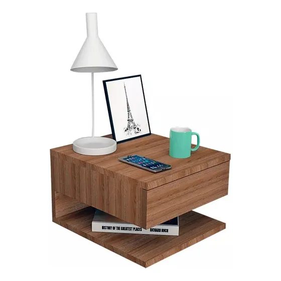 Mesa De Luz Flotante Con Cajon Y Estante Estilo Nordico Acabado Mate Color Castaño