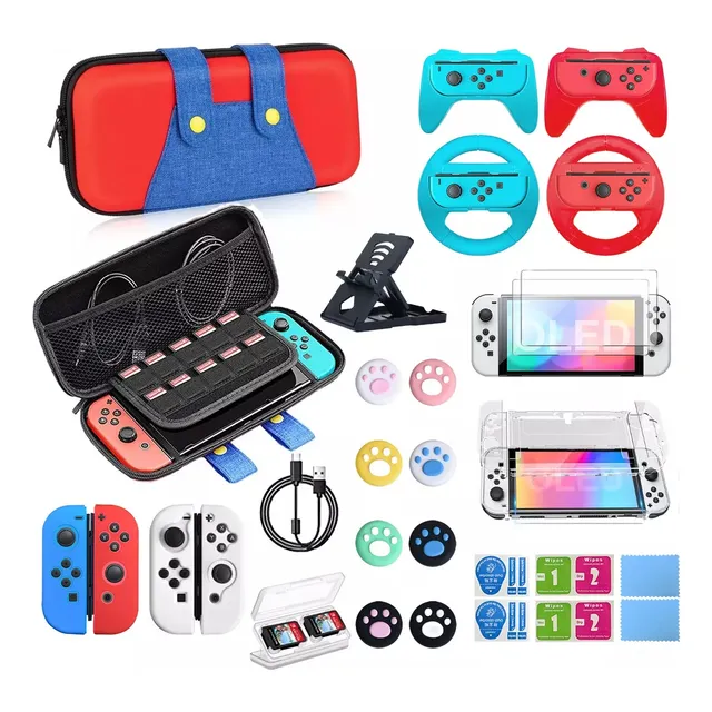 Aiyinsmart Estuche Kit De Accesorios Nintendo Switch Oled 36 En 1,1*funda De Viaje, 2*protector De Pantalla Vidrio, 1*carcasa Transparente, 2 * Mango Del Volante, 2 * Controlador De Juego