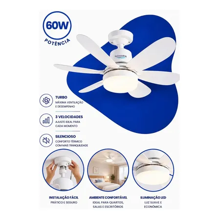 Ventilador De Teto 60w 6 Pás 3 Velocidades Interno Externo Silencioso Econômico Timer Controle Remoto Branco Luz Led Cct... 12 Cm 127/220v Plástico 50 Hz / 60 Hz