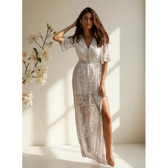 Vestido Blanco Bohemio De Encaje Importado