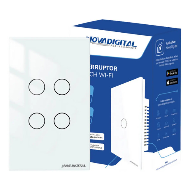 Interruptor Inteligente Wifi Novadigital 4 Teclas Botões Touch Tuya Smart Life Alexa Google 110v 220v Bivolt Branco Lite-ws4-w 127/220v