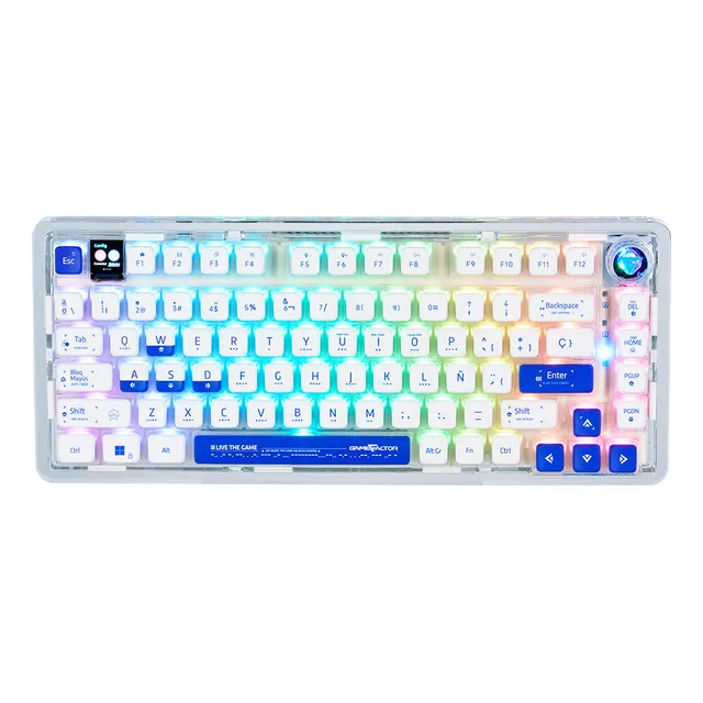 Teclado Mecánico Gamer Gasket Game Factor KBG800 | 75% Compacto Gasket Mount RGB Personalizable Inalámbrico Bluetooth y 2.4 GHz Hot-Swap Pantalla LED 0.85" Switches Intercambiables, Pudding Keycaps