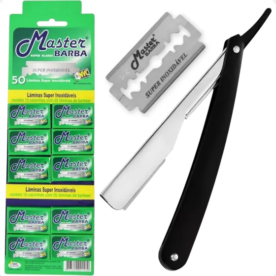Kit De Barbear 50 Lâminas Master Barba + 1 Navalhete Inox