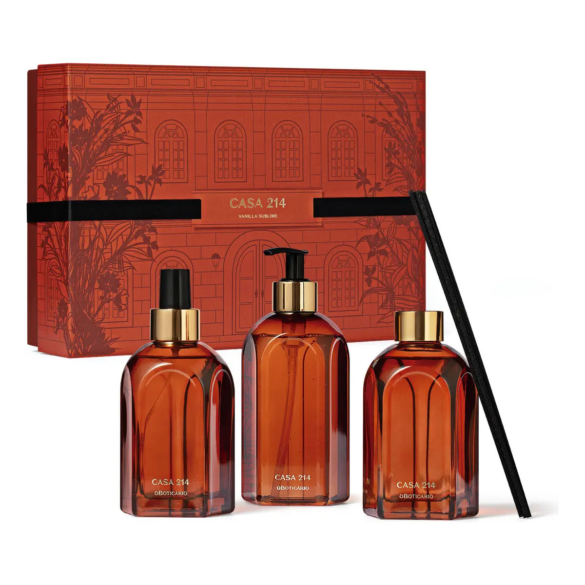 Kit presente O Boticário Casa 214 Vanilla Sublime contendo uma caixa decorada, um frasco com válvula spray, um frasco com pump e um frasco com varetas difusoras.