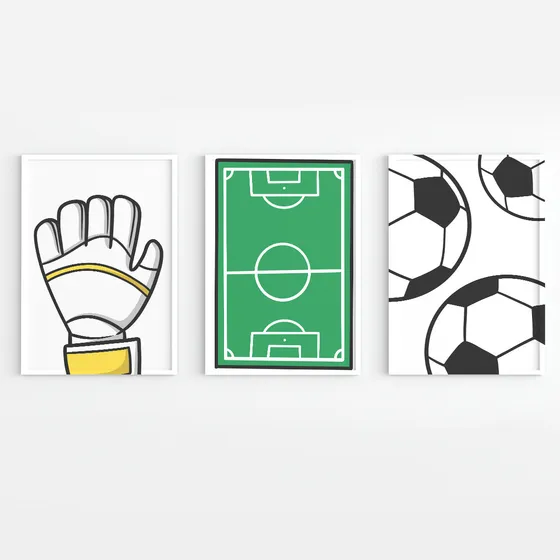 Kit 3 Quadros Decorativos Infantil Para Quartos Futebol Cor Branco Cor da armação Verde