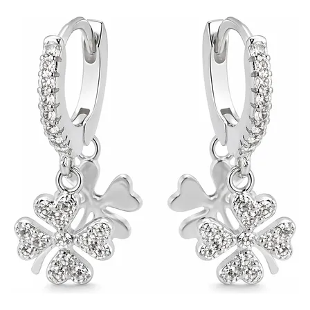 Brinco Feminino Click Trevo Zircônia Prata Delicado Charme