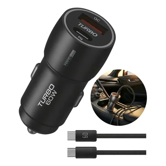 Kit Carregador Veicular Hardline 60W USB-A e USB-C com Cabo para Carro