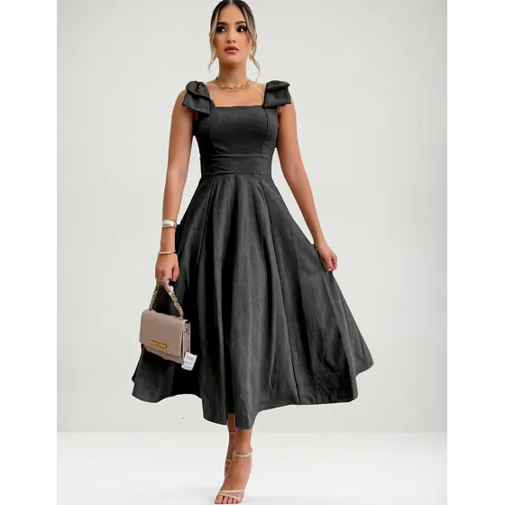 Vestido Longo De Linho Forrado Com Lacinho No Ombro Bojo