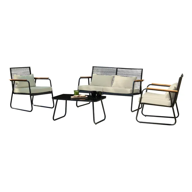 Sala De Jardín Rattan Para Exterior Sunshine Mesa de Centro con Vidrio Acabado En Mimbre 4 Piezas Mueble de Patio Terraza Balcón KingsHouse