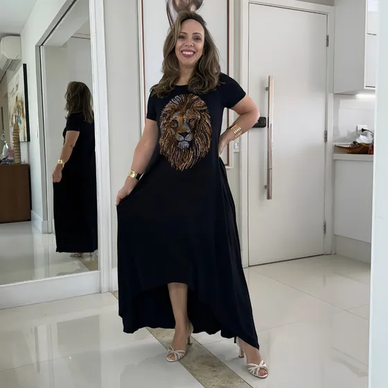 Vestido Midi Mulet Com Estampa De Leao Em Strass