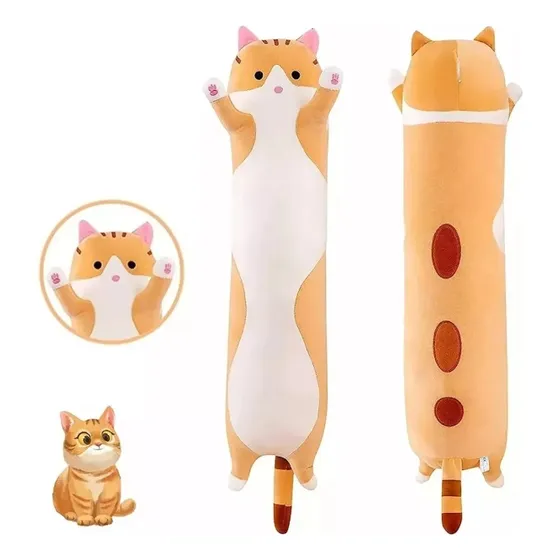 Almohada Larga De Peluche Gatito Cojin Juguete Suave 70 Cm Amarillo