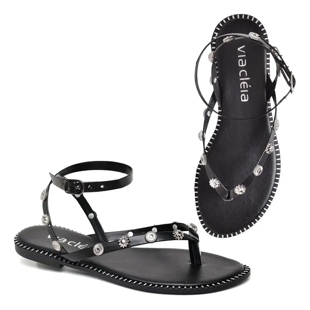 Rasteira Feminina Bico Quadrado Com Detalhes Spikes Sandália