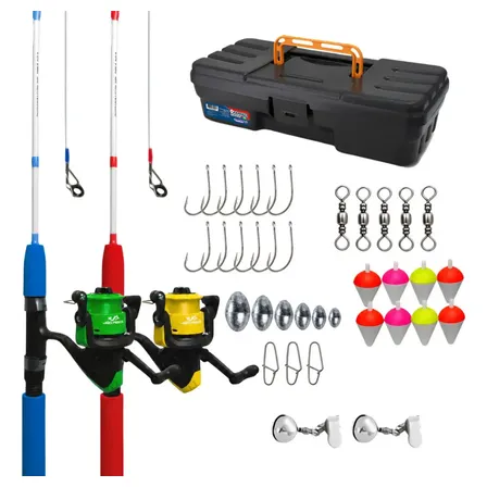 2 Vara De Pesca Completa Com Molinete JP250 Linha Azul / Verde / Amarelo