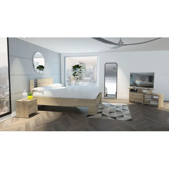 Cama Dicolor + Mesas De Noche + Rack Tv, Beige