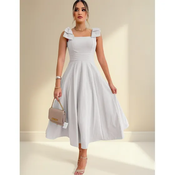 Vestido Longo De Linho Forrado Com Lacinho No Ombro Bojo