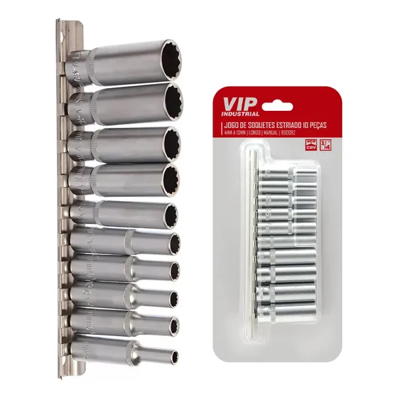 Jogo De Soquetes Longo Enc 1/4 Estriado 4 Ao 13mm Vip 900092