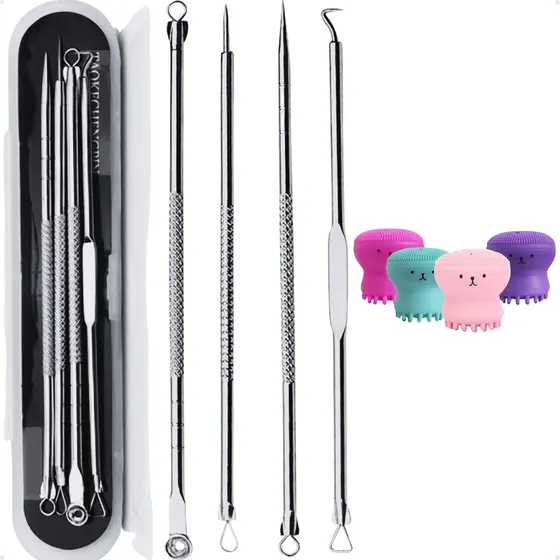 Kit 4 Extrator Cureta Espremedor Poros Acne + Esponja Polvo