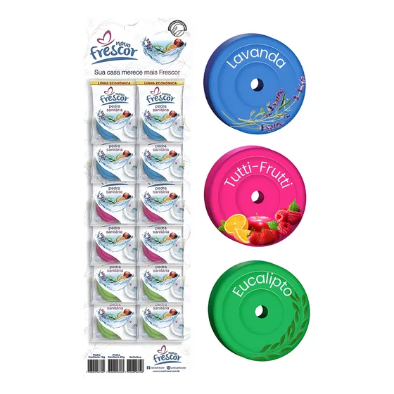 Novo Frescor kit 12 pedra sanitária odorizante sanitário 25gr 3 fragrâncias