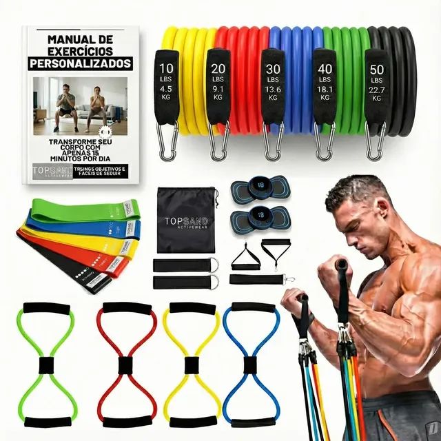 Kit 20 Itens Esportivos Para Treino Em Casa Academia Fitness Funcional Com Elásticos Extensor Puxadores Massageador... Colorido