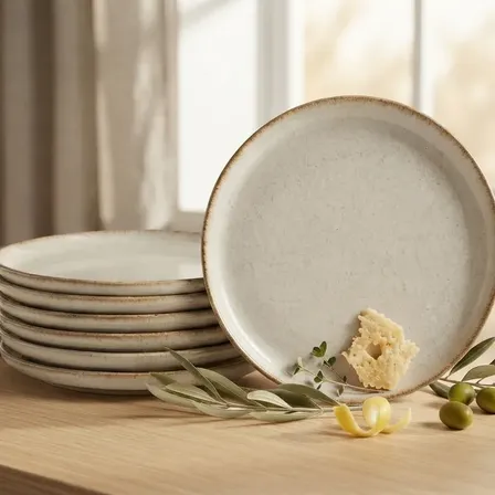 Kit 6 Pratos Rasos Porcelana Bege 27cm Rústico Premium Bege Lisa