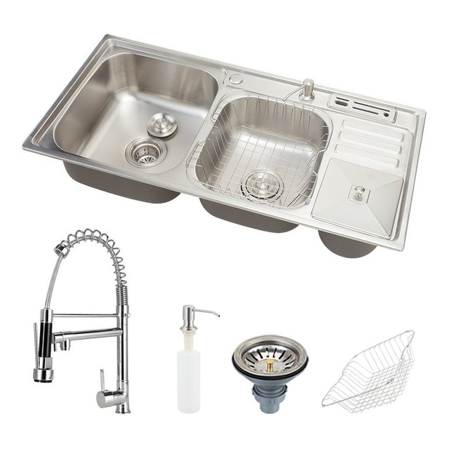 Kit Cuba Para Cozinha Pia Dupla Em Aço Inox Com Lixeira Nukini E Torneira Gourmet Munim Pr... Kit Cuba Para Cozinha Pia Dupla Em Aço Inox Com Lixeira Nukini E Torneira Gourmet Munim Pr...