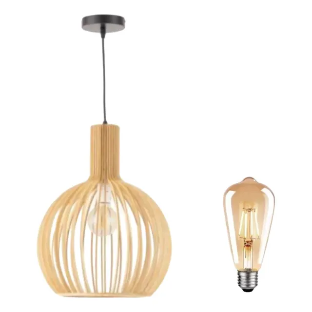 Lámpara Colgante Jaula De Madera  + Lámpara Led Incluido
