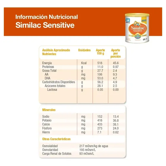 Leche de fórmula en polvo sin TACC Abbott Similac Sensitive sin Lactosa en lata de 1 de 375g - 0 meses a 1 años