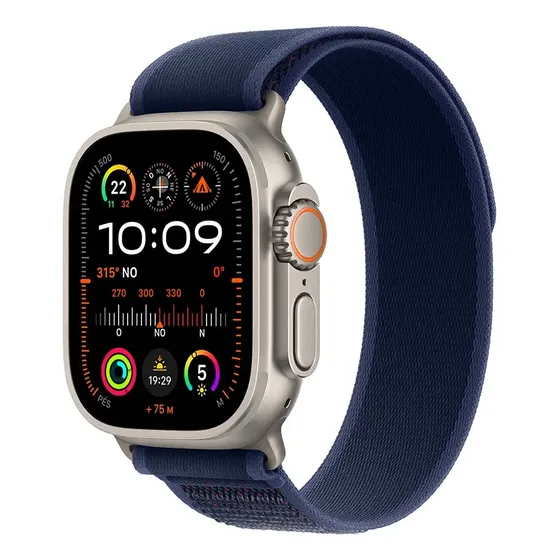 Apple Watch Ultra 2 GPS + Cellular • Caixa natural de titânio de 49 mm • Pulseira loop Trail azul – M/G