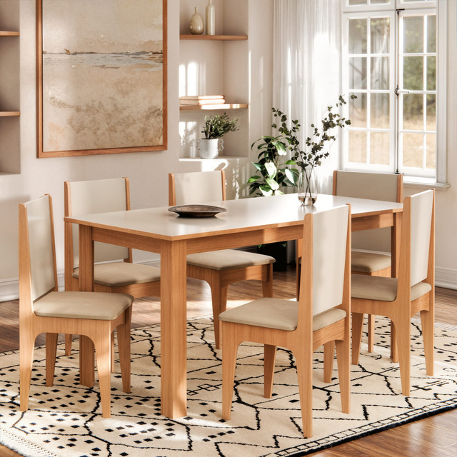 Conjunto Sala De Jantar Mesa Com 6 Cadeiras Estofada