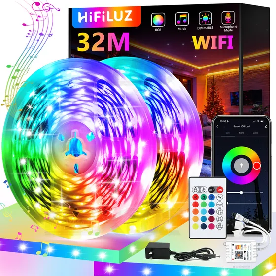 Hifiluz Tira LED RGB Wifi 32 Metros para TV y Cuarto,Control por Voz Alexa/Google,16 Millones Colores,Sincronización Música,Alexa Luces Led Tira LED APP Control