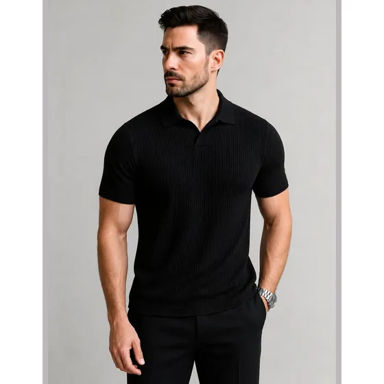 Camisa Polo Tricô Texturizada Masculina Manga Curta Clássica