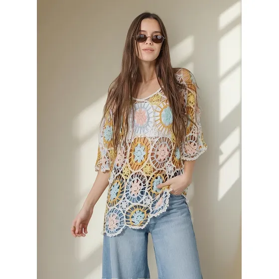 Blusa Belice Premium Amplia Crochet Arizona Gu1464 Turquesa
