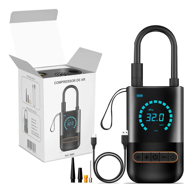 Compressor Digital Portátil Bomba De Encher Pneus Bola Inflável Para Carro Moto Bicicleta Com Calibrador De Ar Preto