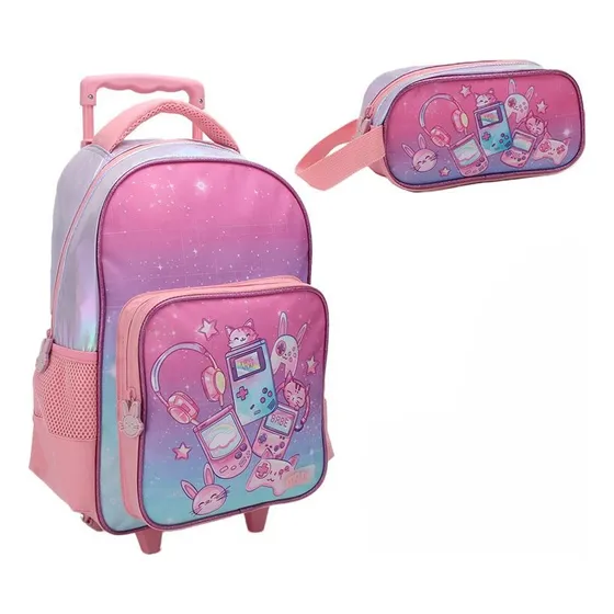 Set Mochila Carro Y Cartuchera Trendy Gamer Escolar Niña Color Rosa Diseño de la tela Estampado