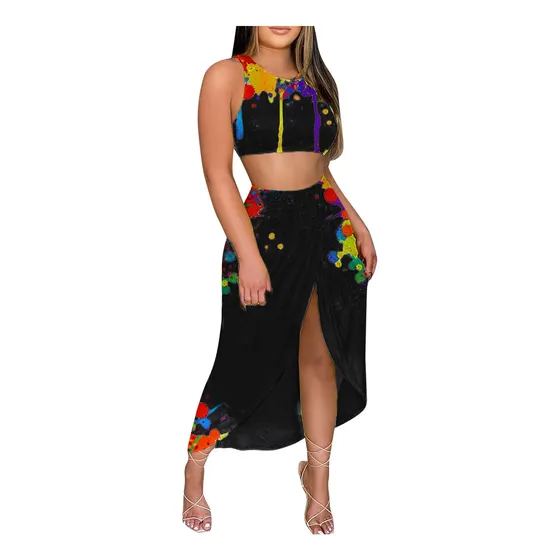 Conjunto Falda Larga Corta Floral Para Dama Sin Manga 2