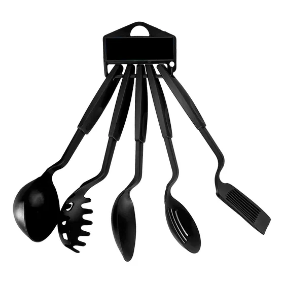 Set 5 Utensillos De Nylon Para Piezas De Teflon Cucharon Espumadera Espatula Cuchara Calada Y De Guiso  Bz3 Color Negro