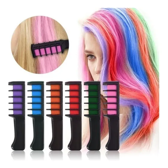 Tinta Cabelo Giz Temporária Pente Com 6 Cores Carnaval Festa