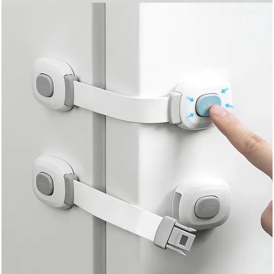 Pack 5 Seguros Para Muebles, Cajones, Refrigerador - Bloqueo Traba Puertas - Línea Seguridad Bebés Y Niños - 20 Cm De Largo - Línea Seguro Flexible - Con Botón De Apertura - Myg Hogar Y Seguridad
