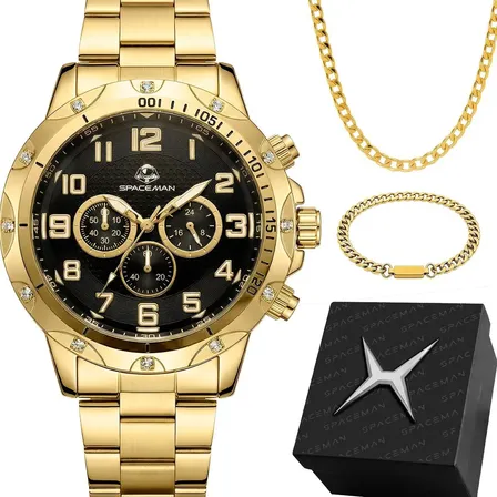 Relogio Masculino Banhdo + Cordao Grumet + Caixa Pulseira Dourado Preto
