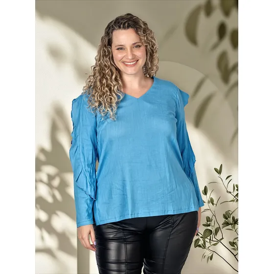 Blusa Mujer Lino Manga Larga Volados Onara Leti  Tendencia