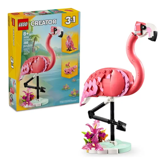 LEGO® Creator 3en1 Fauna Salvaje: Flamingo Rosa 31170; juguete transformable en cacatúa o ajolote; regalo para niñas y niños desde 8 años