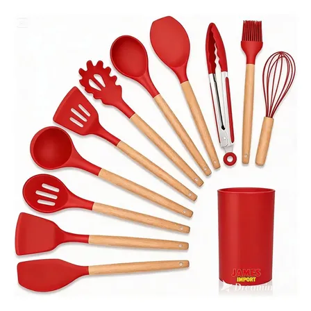 Kit Com 12 Utensílios de Cozinha em Silicone Vermelho e Madeira