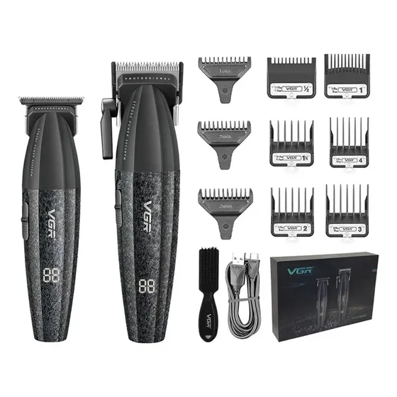 Kit Maquina Cortar Pelo Y Patillera Profesional Clipper Trimmer Vgr V-640 9000 Rpm Color Negro Diseño Marmolado Estilo Piedra