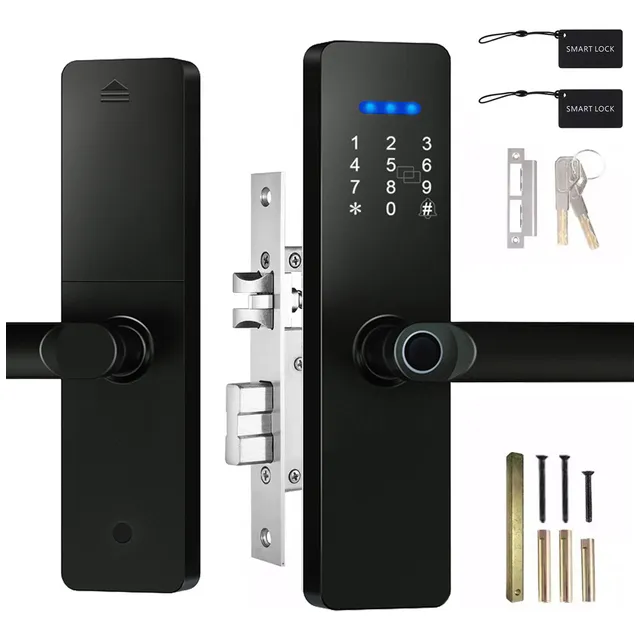 HOTU Cerradura Electrónica Inteligente Chapa Digital Eléctrica para puerta principal exterior Con 5 métodos de apertura, huella digital, clave numérica, tarjeta RFID, Tuya Wifi App y llave física