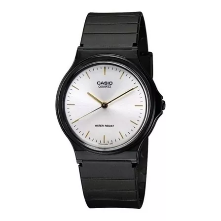 Reloj pulsera Casio Collection MQ-24 de cuerpo color negro, analógico, fondo blanco, con correa de resina color negro, agujas color dorado, dial dorado, minutero/segundero dorado, bisel color negro y 